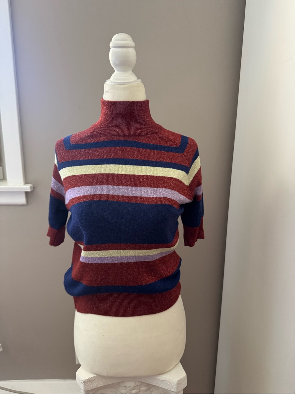 Zara SparklyStriped Short-Sleeve Turtleneck Sweater - Red, Navy, Cream, Lavender